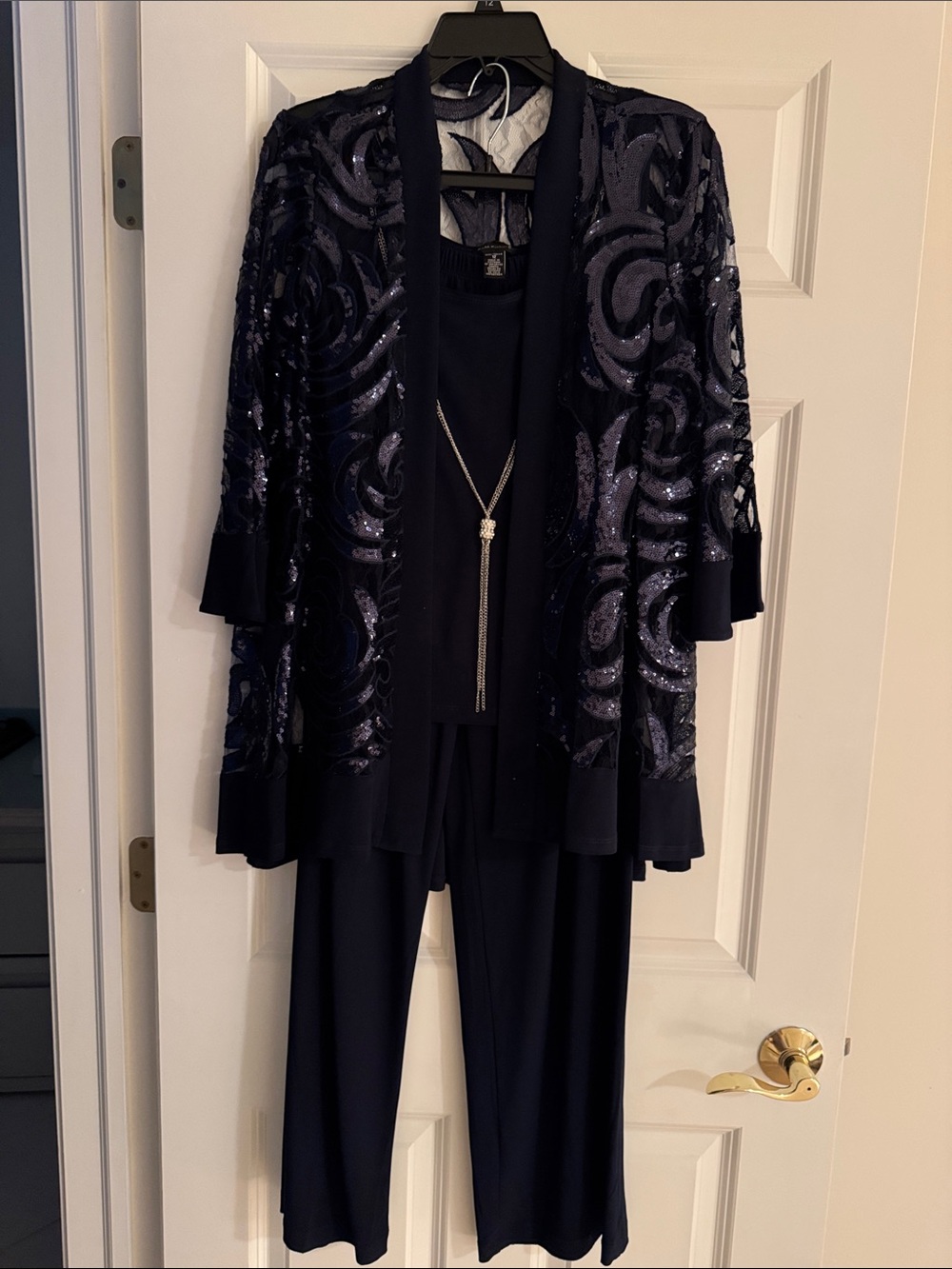 Three Piece Set With Sequin Swing Jacket and Detachable Necklace in Navy - Picture 3 of 6